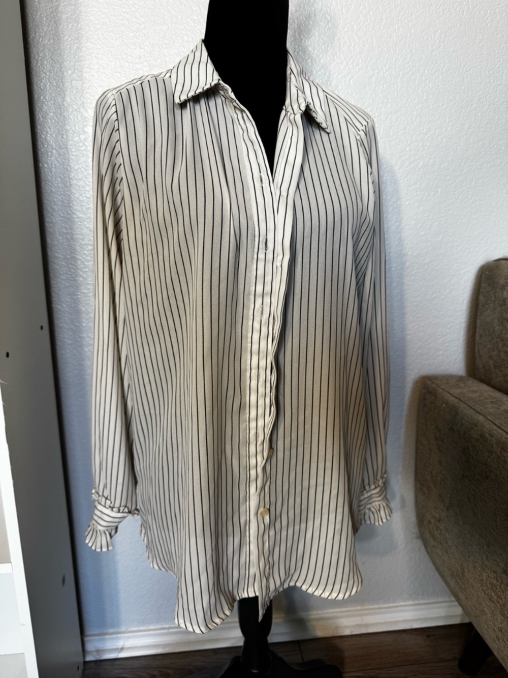 Striped Button-Down Shirt - Ivory with Black Pinstripes